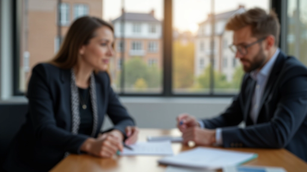Paar sitzt mit Makler und Dokumenten am Schreibtisch zur Immobilienplanung