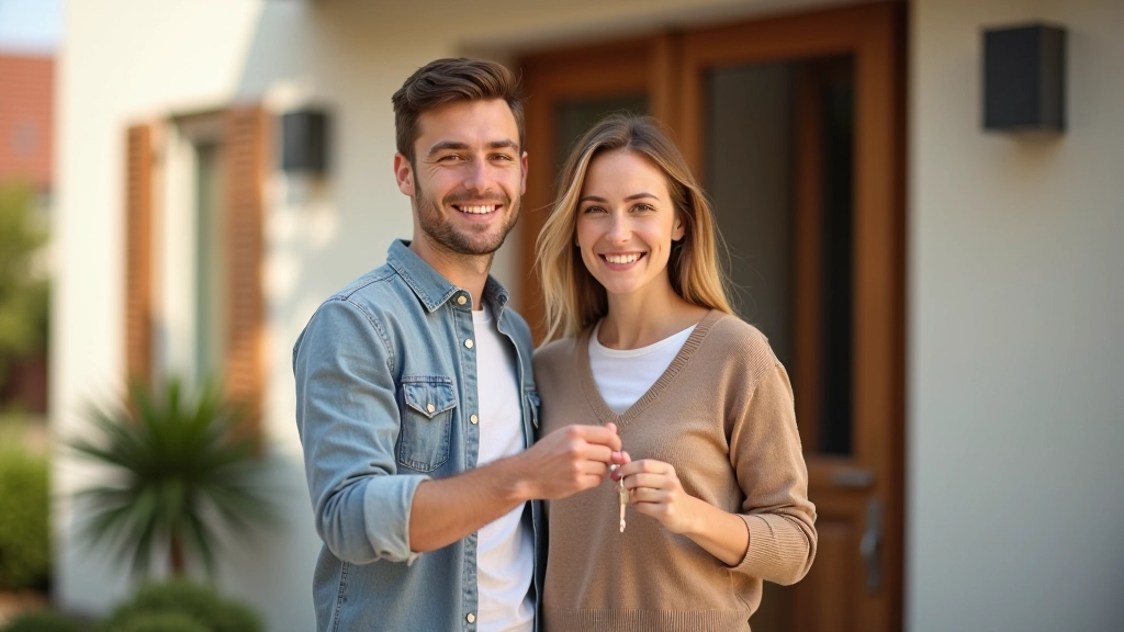 Paar schaut glücklich auf ihr neues Haus mit Schlüssel in der Hand