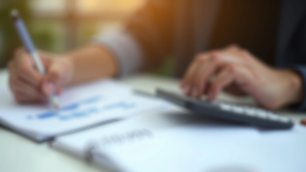 Taschenrechner mit Grunderwerbsteuer-Berechnung auf Papier, Stift und Immobilienkaufvertrag