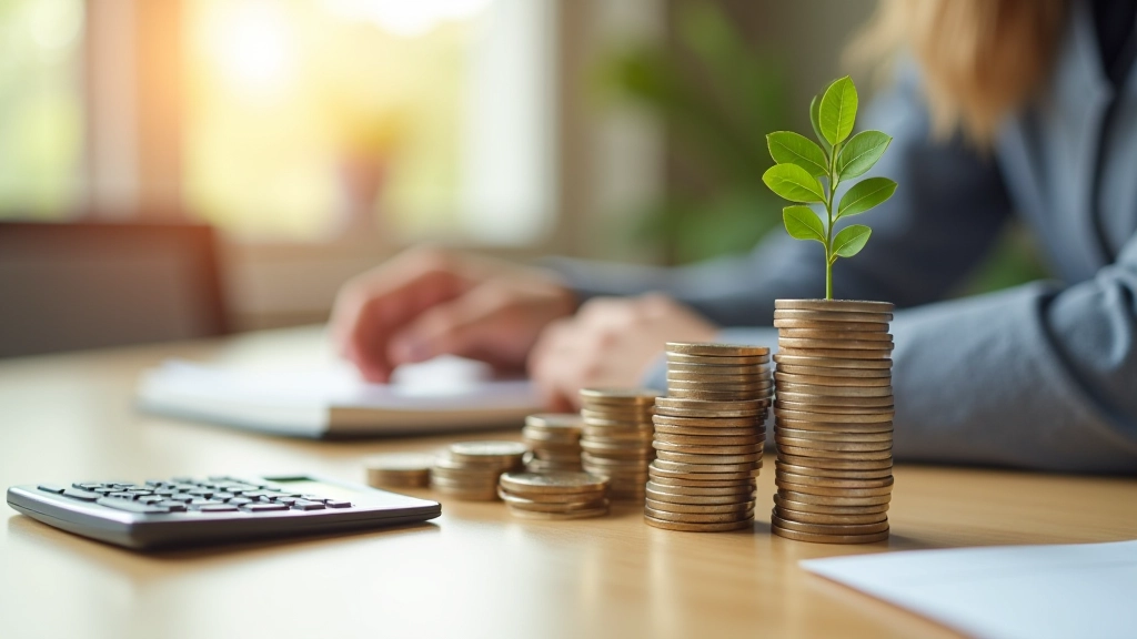 Grafische Darstellung eines Sparplans mit aufsteigenden Balkendiagrammen und Geldmünzen