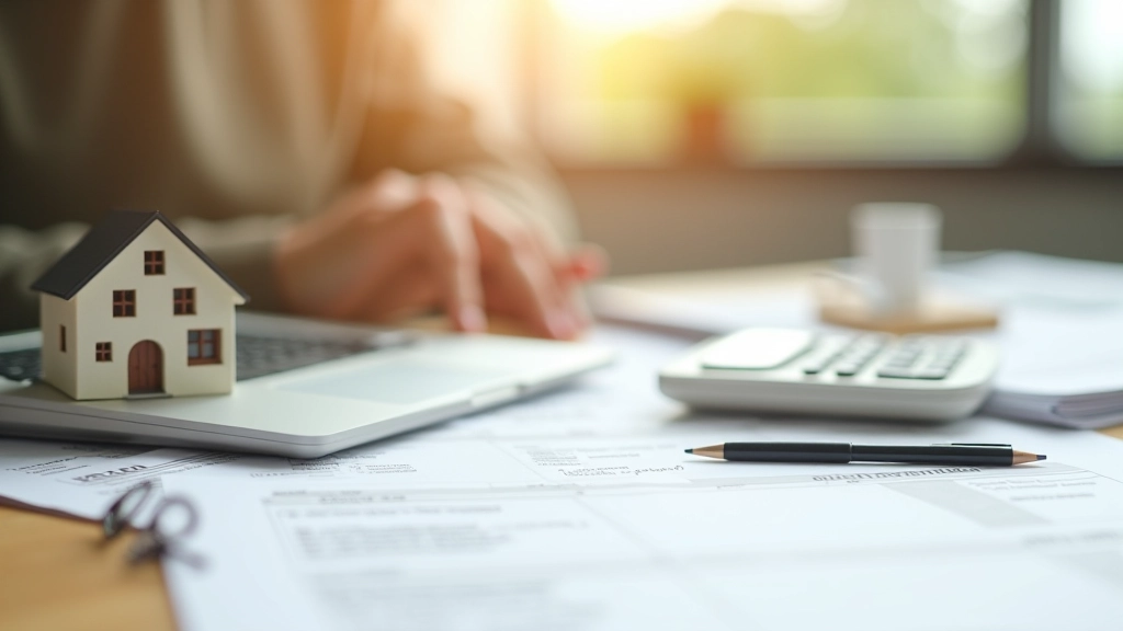 Haus mit Steuersymbol und Rechner, finanzielle Planung für Immobilienerwerb
