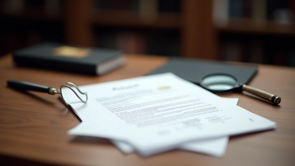Notarielle Urkunde mit Siegel und Stempel auf Schreibtisch mit Leseglas