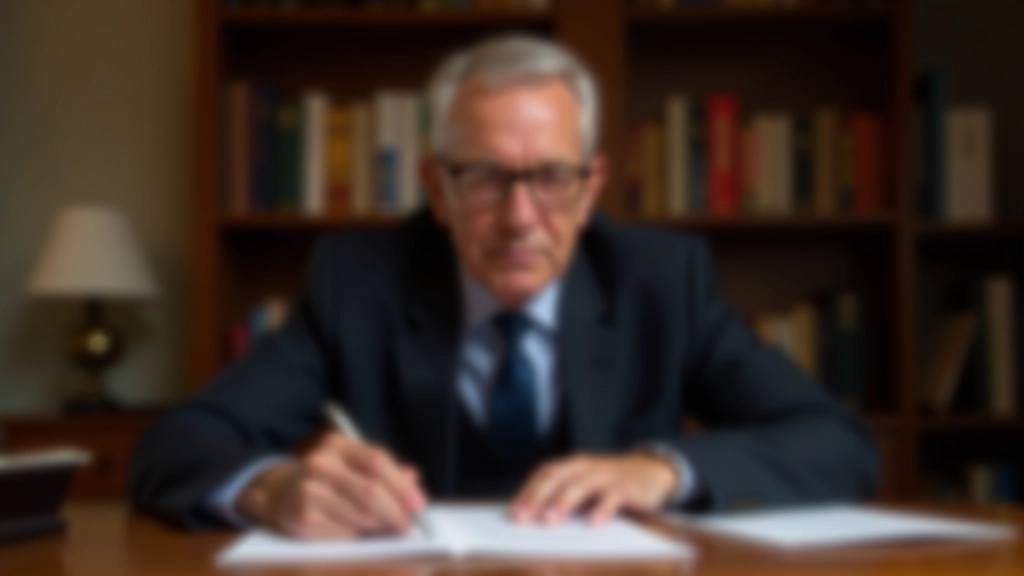 Notar mit Stempel und Urkunde am Schreibtisch, Dokumentenprüfung für Grundbucheintragung