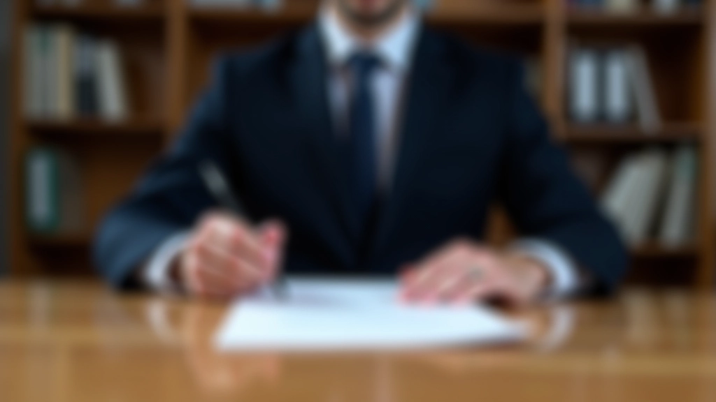 Notar unterzeichnet wichtige Dokumente mit Feder an Schreibtisch mit Aktenschrank im Hintergrund