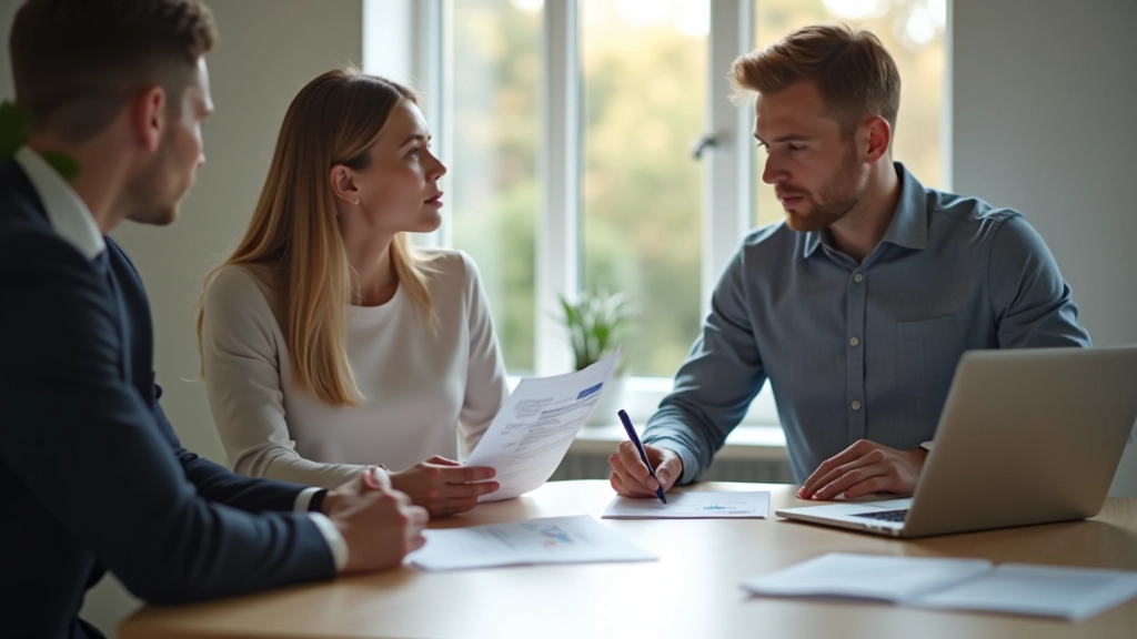 Immobilienmakler und Käufer beim Treffen mit Unterlagen und Hausfoto auf dem Tisch